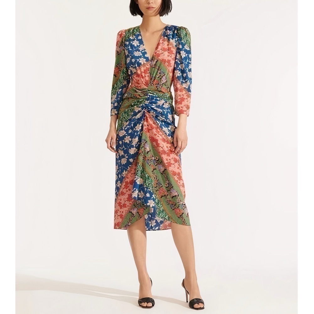 NWOT Veronica Beard Midi Silk-Blend Ruched Floral Mary Long-Sleeve Dress